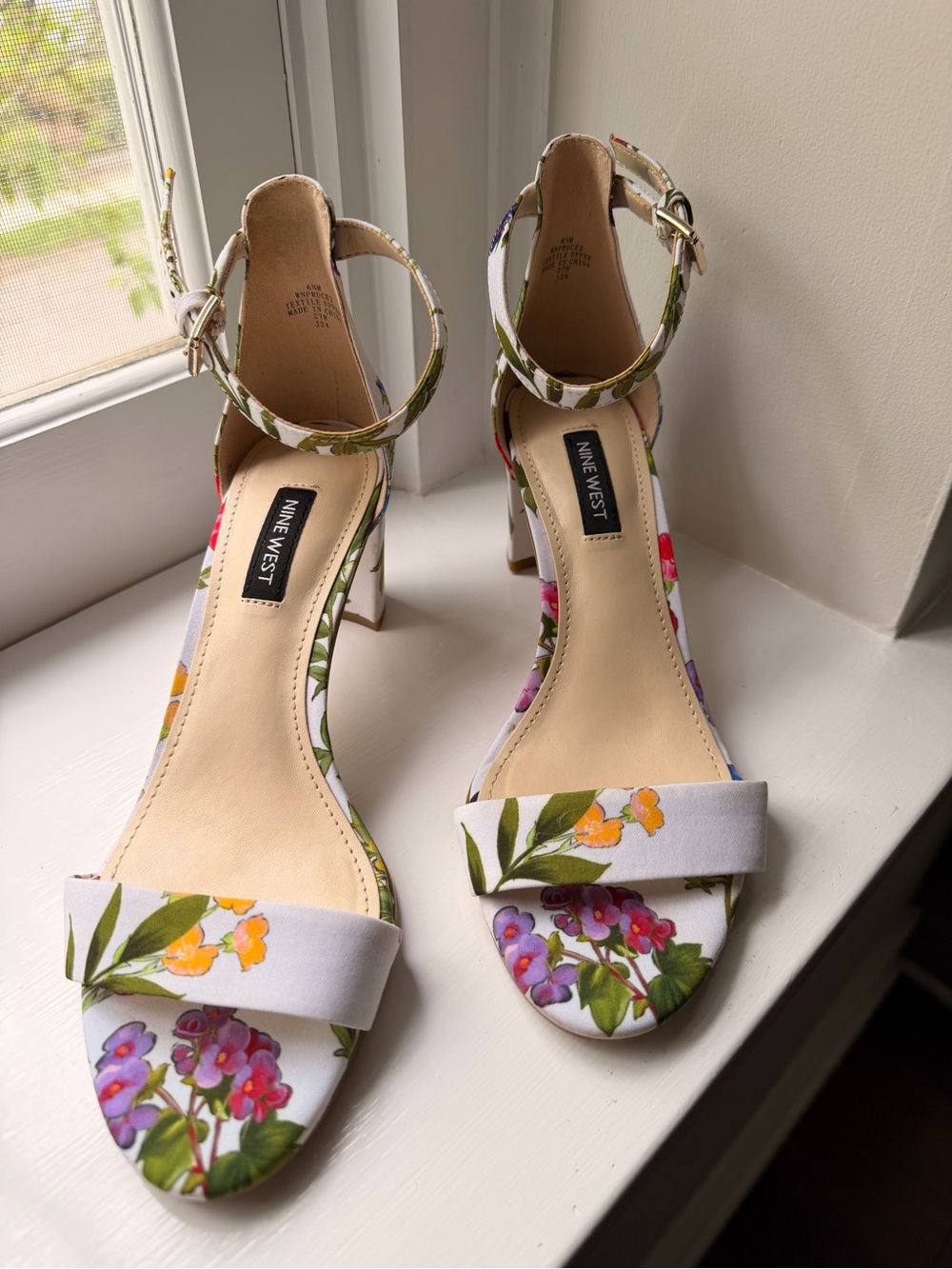 Nine West White Floral Ankle-Strap Block Heels